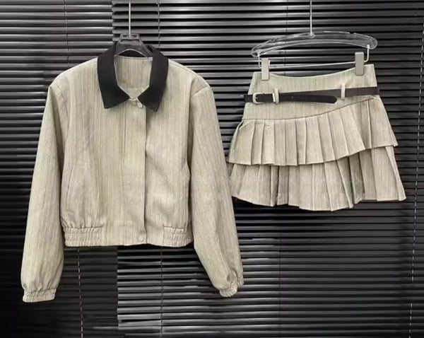 Women Fashion Jacket Two Piece Ruffle Pleated Skirt Set