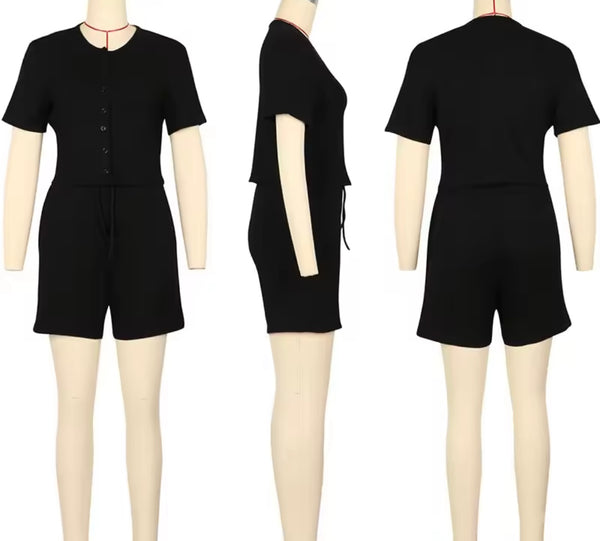 Women Fashion Button Up Short Sleeve Two Piece Short Set