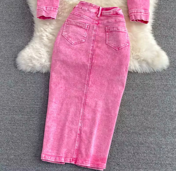 Women Sexy Fashion Pink Denim Jacket Two Piece Maxi Skirt Set