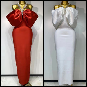 Women Sexy Rhinestone Bow White Maxi Bandage Dress