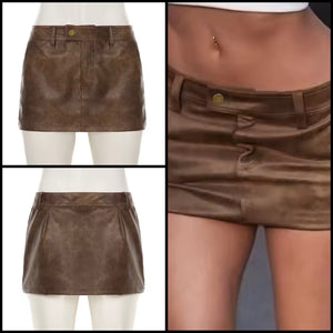 Women Sexy Fashion Faux Leather Brown Skirt
