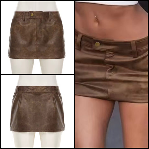 Women Sexy Fashion Faux Leather Brown Skirt