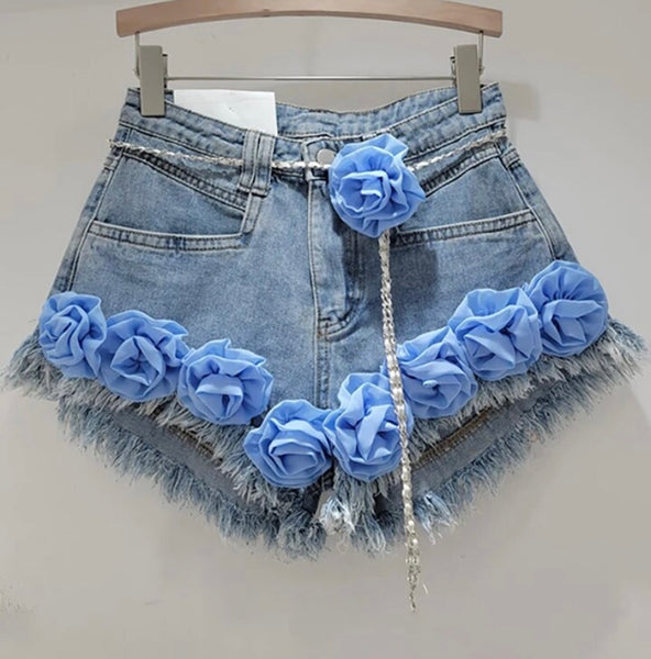 Women Fashion Fringe Color Floral Denim Shorts