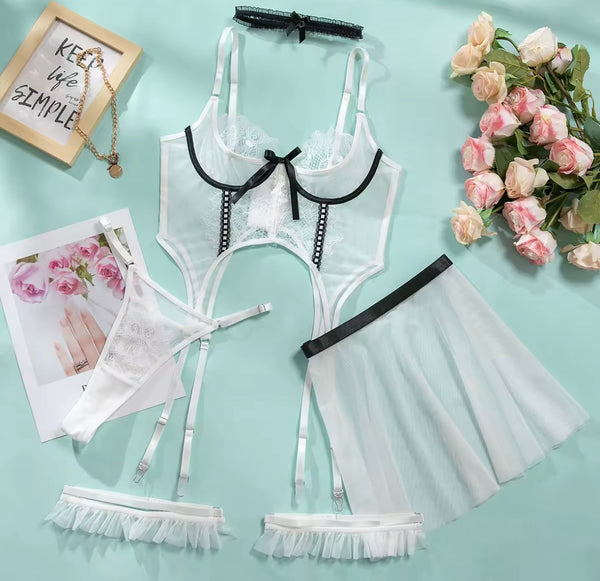 Women Sexy Sleeveless White Mesh Lingerie Set