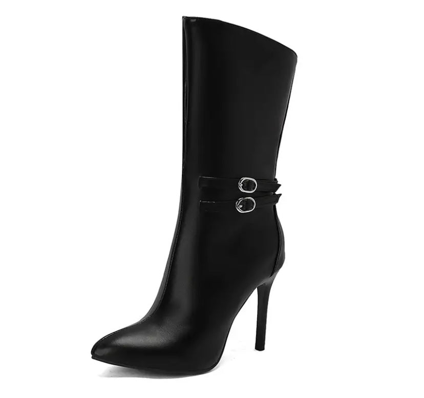 Women Pointed Toe Buckled Faux Leather Fashion Ankle Boots