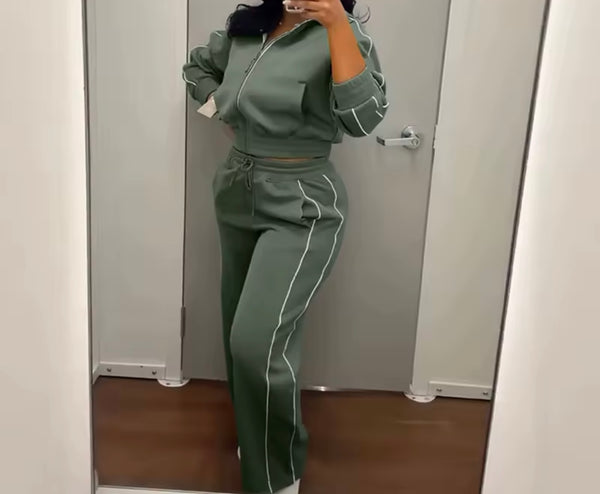 Women Fashion Striped Zip Up Tracksuit Two Piece Pant Set