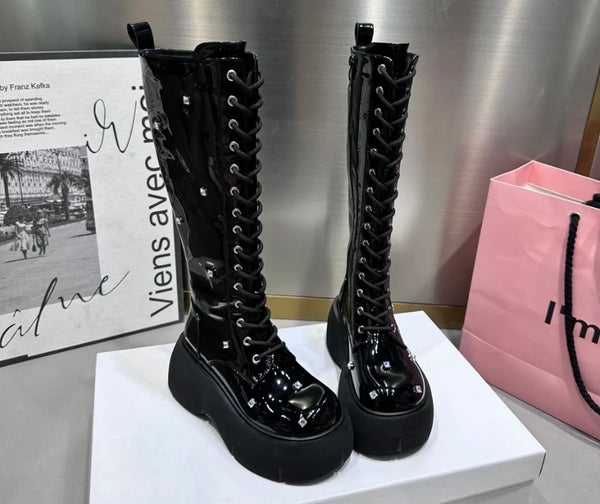 Women Fashion Platform Rhinestone Lace Up Ankle/Mid-Calf Boots