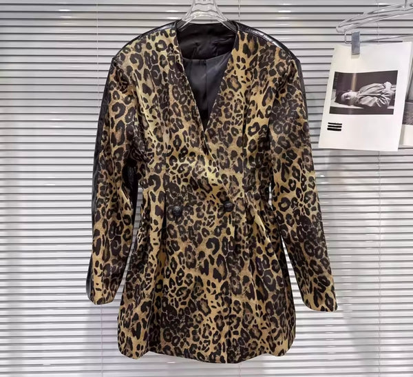Women Fashion Leopard Print Faux Leather Trench Jacket