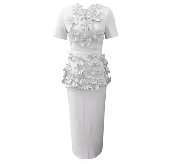 Women Solid Color Floral Short Sleeve Two Piece Maxi Skirt Set
