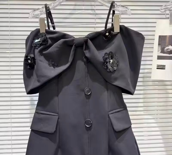 Women Black Bow Off The Shoulder Button Up Pocket Dress