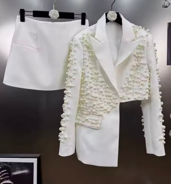 Women Fashion Asymmetrical Beaded Blazer Two Piece Skirt Set