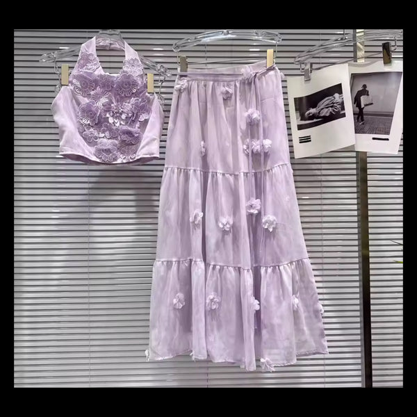Women Sexy Purple Floral Halter Sleeveless Two Piece Maxi Skirt Set