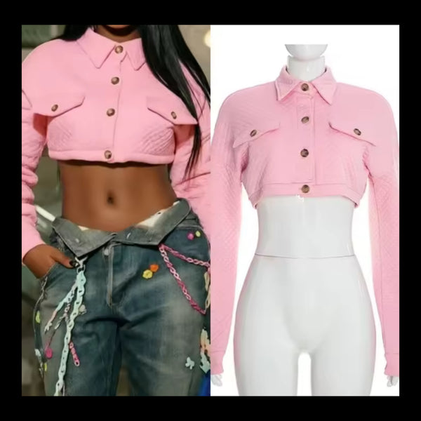 Women Fashion Pink Button Up Quilted Crop Jacket