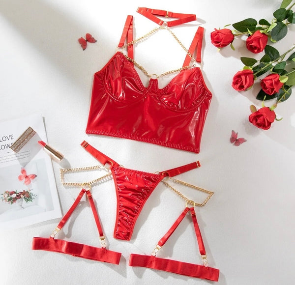 Women Sexy Red Chain PU Lingerie Set