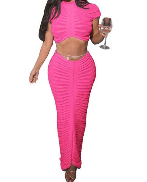 Women Sexy See Through Short Sleeve Two Piece Maxi Skirt Set