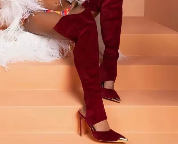 Women Burgundy Suede Over The Knee Gold High Heel Boots