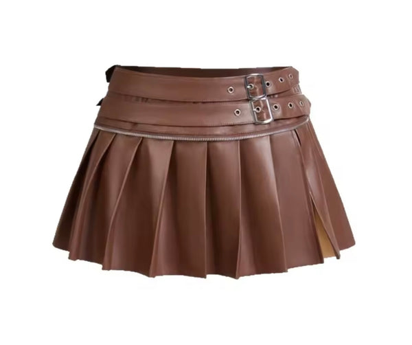 Women Sexy Fashion Buckled Pleated Faux Leather Skirt