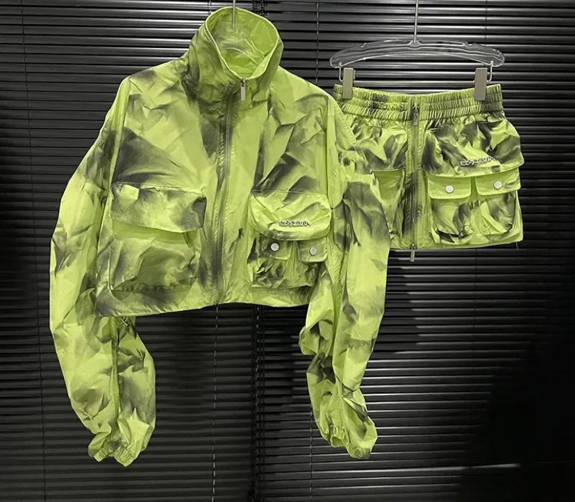 Women Fashion Zip Up Two Piece Jacket Skirt Set