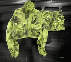 Women Fashion Zip Up Two Piece Jacket Skirt Set