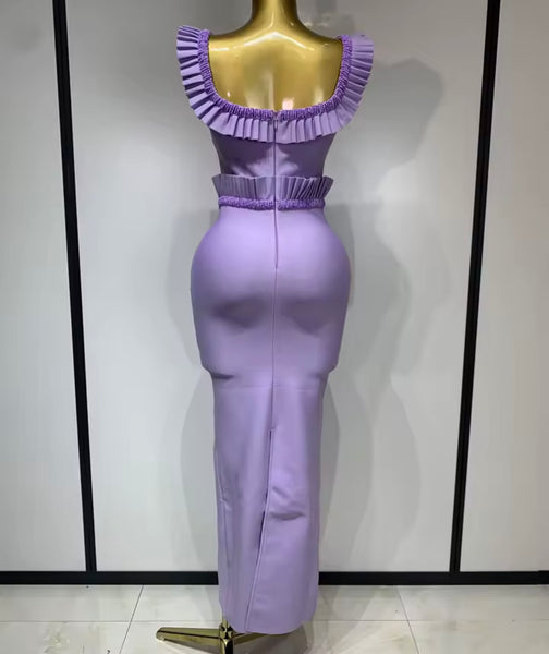 Women Sexy Beaded Ruffled Short Sleeve Purple Maxi Dress