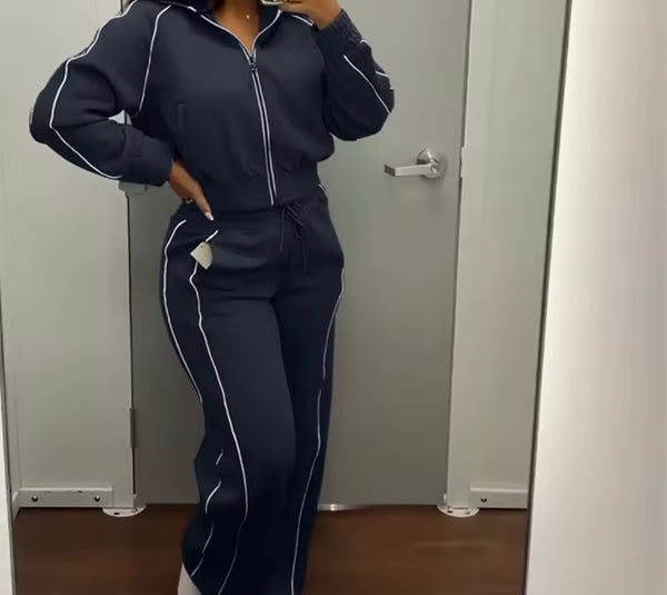 Women Fashion Striped Zip Up Tracksuit Two Piece Pant Set