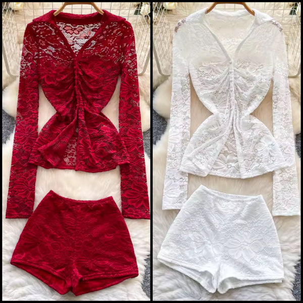 Women Sexy Fashion Lace Full Sleeve Blazer Two Piece Short Set
