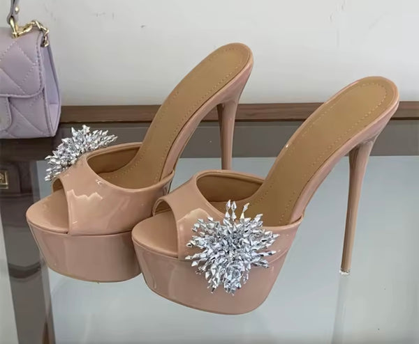 Women Open Toe Patent Leather Rhinestone Platform High Heels