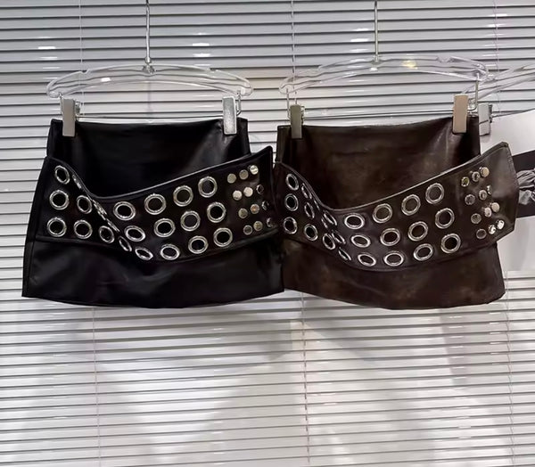 Women Sexy Fashion Metal Ring Belted Faux Leather Skirt
