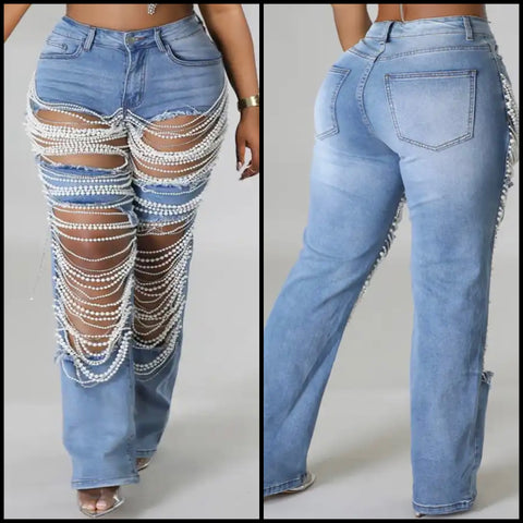 Women Fashion Beaded Pearl Ripped Denim Pants