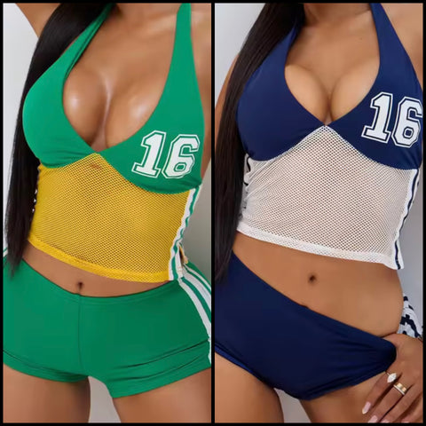 Women Sexy Halter Sleeveless Number Striped Two Piece Short Set