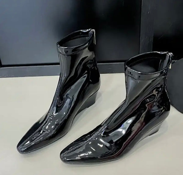 Women Fashion Patent Leather Wedge Platform Ankle Boots