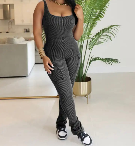 Women Sexy Sleeveless Ribbed Bodysuit Two Piece Pant Set