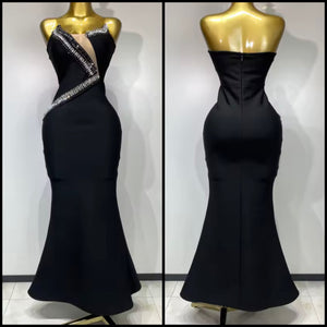Women Black Rhinestone Sexy Strapless Maxi Dress