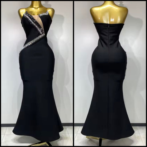 Women Black Rhinestone Sexy Strapless Maxi Dress