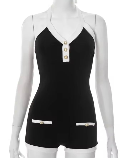 Women Sexy B&W Halter Sleeveless V-Neck Romper