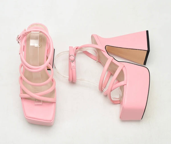 Women Fashion Square Toe Color Platform Ankle Strap Sandals