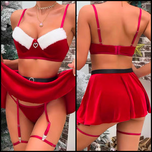 Women Sexy Red Holiday Velour Lingerie Set