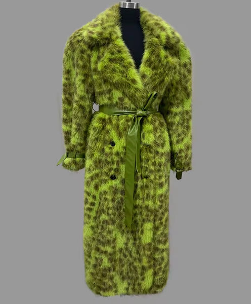 Women Fashion Green Leopard Print Faux Fur Long Jacket