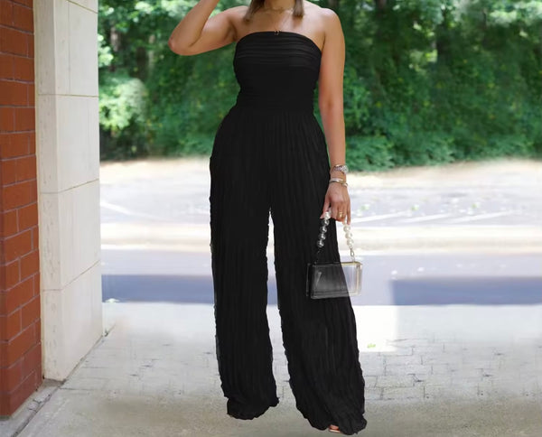 Women Sexy Strapless Color Pleated Jumpsuit