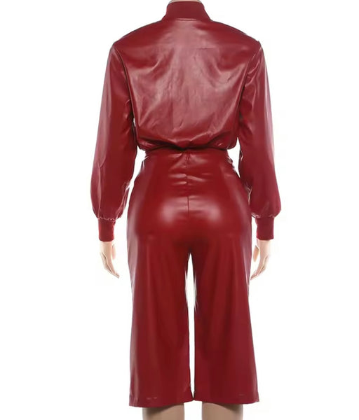 Women Fashion Red Faux Leather Jacket Two Piece Capri Pant Set