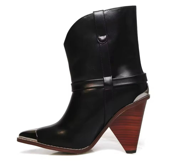 Women Fashion Metal Pointed Toe Ankle Western Boots