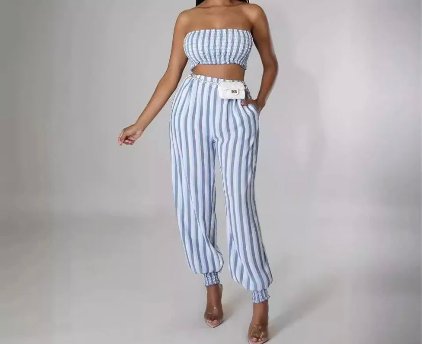 Women Sexy Strapless Striped Crop Two Piece Pant Set