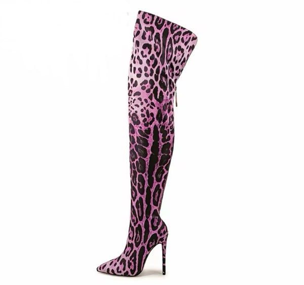 Women Fashion Animal Print Over The Knee High Heel Boots