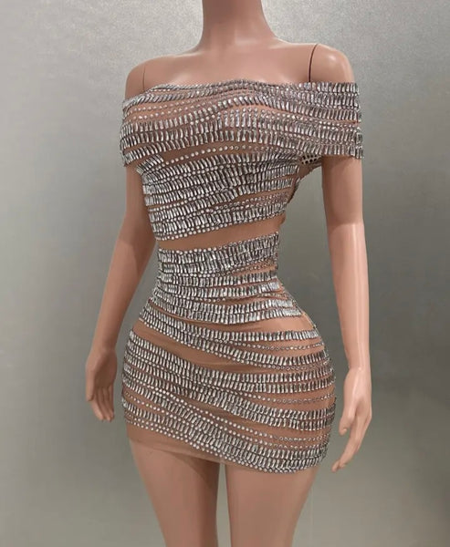 Women Sexy Off The Shoulder Short Sleeve Mesh Bling Dress
