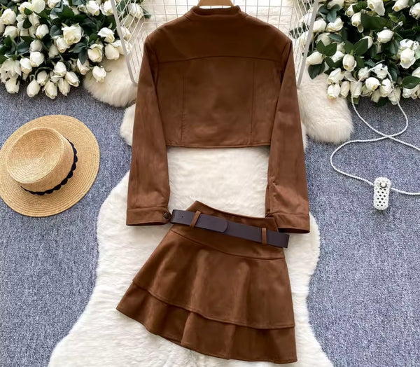 Women Fashion Brown Button Up Suede Jacket Two Piece Skirt Set