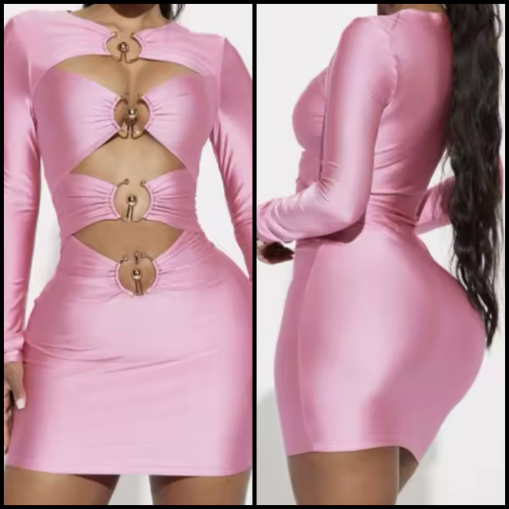 Women Sexy Pink Metal Cut Out Full Sleeve Dress