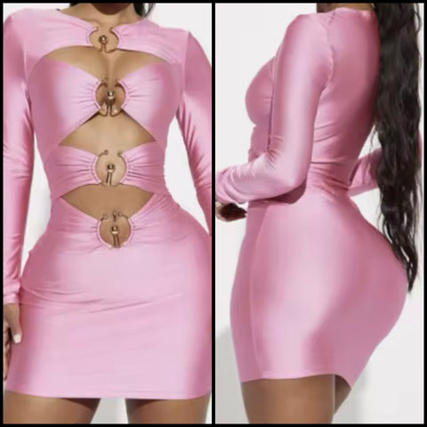 Women Sexy Pink Metal Cut Out Full Sleeve Dress