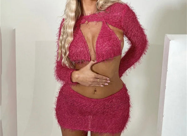 Women Sexy Faux Fur Three Piece Skirt Set