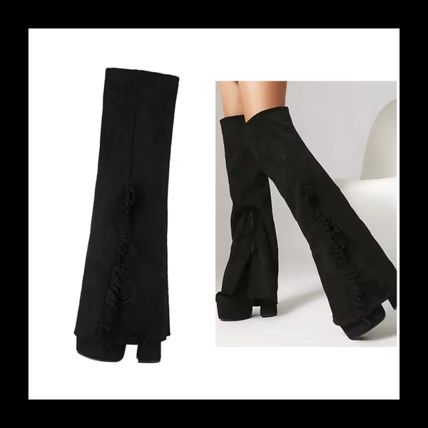 Women Black Fringe Fashion Knee High Platform Boots