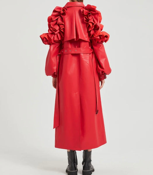 Women Color Ruffled Fashion Faux Leather Trench Jacket